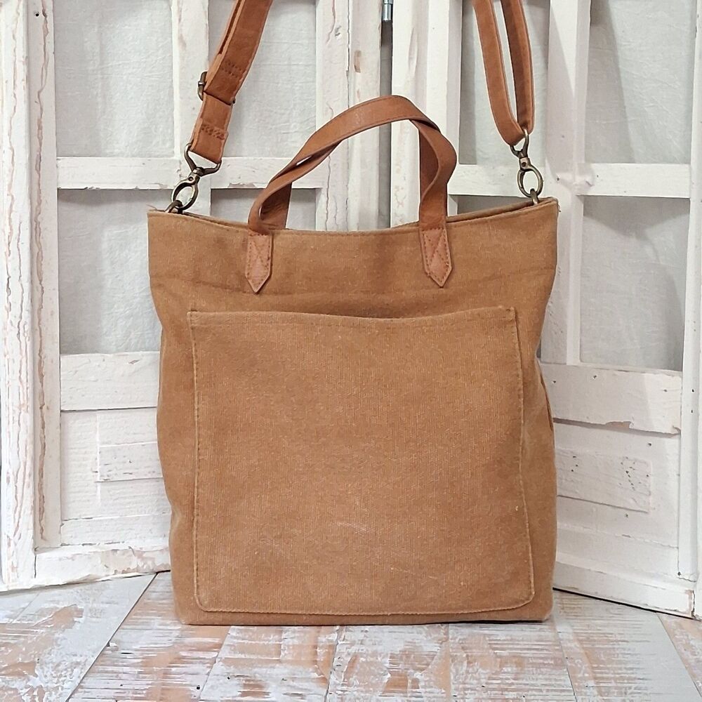 Thirty-One Casual Crossbody Tote Tan Canvas Bag Minimalist Boho Utility Everyday